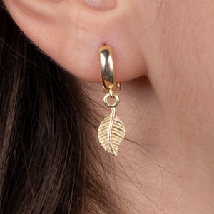 Gold Leaf Sterling Silver Hoop Earrings: Dangle Huggie Earrings