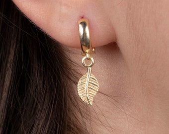 Leaf Hoop Earrings, Gold Leaf Charm Hoops, Small Hoop Earrings with Leaf Charm, Huggie Hoop Earrings, Dangle and Drop Earrings