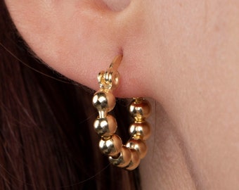 Beaded Gold Hoop Huggie Earrings: 14k Vermeil Sterling Silver