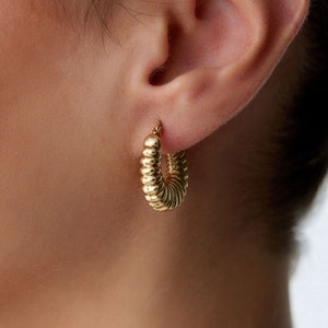 14k Solid Gold Statement Croissant Hoop Earrings - Chunky Twisted Design for Elegant Everyday Wear