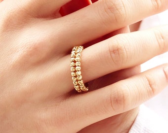 14K Solid Gold Beaded Band, Minimalist Gold Jewelry, Dainty Stackable Piece, Everyday Gold Accessory, Delicate Textured Design, Gift for Her