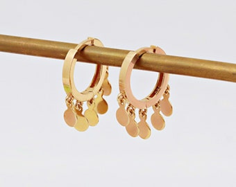 Boucles d'oreilles pendantes en or 14 carats, créoles Huggie, créoles en or véritable, boucles d'oreilles délicates en or
