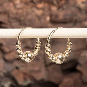 Gold Beaded Huggie Hoop Earrings: 14k Vermeil Sterling Silver