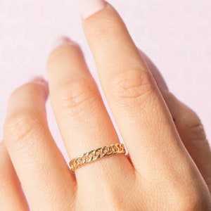 14K Gold Chain Ring, Dainty Gold Ring, 14K Solid Gold Stacking Ring, Birthday Gift
