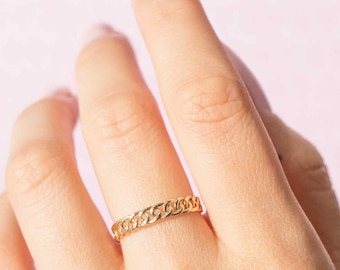 14K Gold Chain Ring, Dainty Gold Ring, 14K Solid Gold Stacking Ring, Birthday Gift