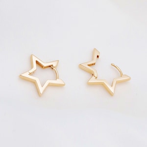 14k Gold Celestial Star Huggie Hoops: Minimalist Dainty Geometric Jewelry for Second Hole Piercing
