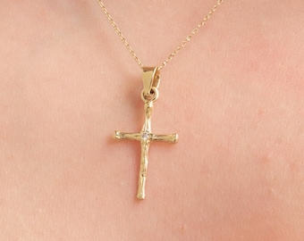 14K Gold Tiny Cross Necklace, Cross Pendant, Gold Crucifix Necklace, Jesus Necklace