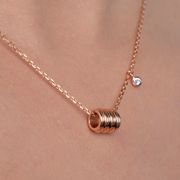 Gold Tube Necklace, Rolling Barrel Pendant With CZ, Cylinder Chain Necklace