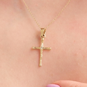 14K Solid Gold Tiny Cross Necklace: Minimalist Religious Pendant