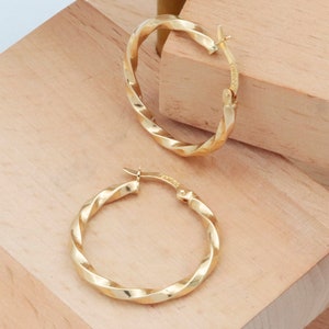14K Gold Twisted Hoop Earrings: 26MM Huggies