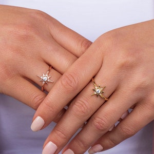 Celestial North Star CZ Starburst Ring - Dainty Gold Stacking Jewelry for Women