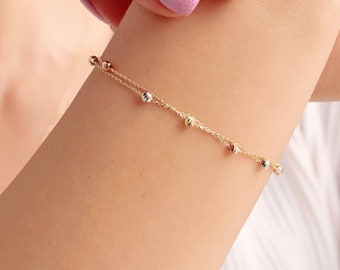 14K Solid Gold Dainty Bracelet, Minimalist Gold Jewelry, Delicate Chain Bracelet, Everyday Layering Accessory, Tiny Bead Details