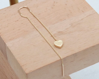 14K Gold Heart Threader Earrings With Cuff, Gold Heart Earrings, 14K Long Chain Earrings, Ear Threader