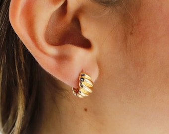Vintage 14k Gold Chunky Croissant Hoop Earrings: Elegant Dainty Real Jewelry for Timeless Style