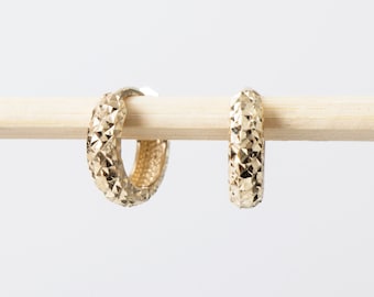 Elegant 14k Solid Gold Engraved Huggie Hoop Earrings - Small, Minimalist Jewelry for Everyday Wear