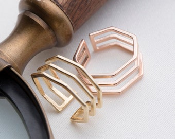 Elegant Hexagon Geometric Gold Ring - Adjustable Dainty Wrap Around Statement Jewelry
