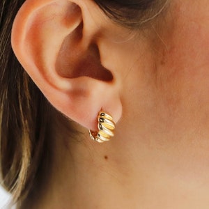 14K Gold Croissant Earrings, Vintage Gold Earrings, Real Gold Croissant Hoops, Chunky Gold Hoop Earrings