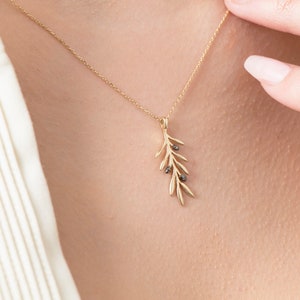 14K Solid Gold Olive Leaf Necklace: Dainty Branch Pendant