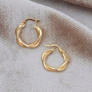 14K Solid Gold Twisted Hoop Earrings: Huggie Style