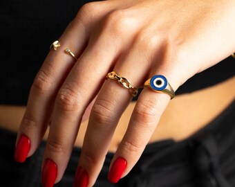 Evil Eye Signet Ring, Evil Eye Ring, Enamel Evil Eye Ring, Adjustable Evil Eye Ring, Gold Evil Eye Ring, Dainty Ring