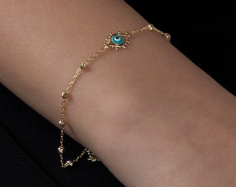 Evil Eye Bracelet, Gold Tiny Evil Eye Bracelet, Protection Bracelet, Beaded Chain Evil Eye Bracelet, Gift For Her