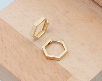 14k Gold Hexagon Huggie Hoop Earrings - Dainty Geometric Jewelry for Everyday Elegance