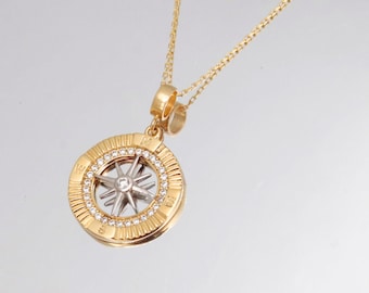 14K Gold Compass Necklace, North Star Necklace, Compass Pendant, Gold Starburst Necklace