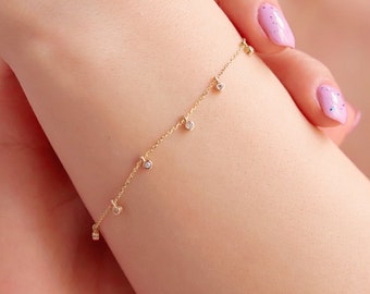 14K Gold Station Bracelet, Dainty Gold Bracelet, Minimalist Bracelet, 14K Solid Gold Fine Jewelry