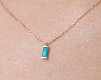 14K Solid Gold Turquoise Pendant Necklace: Minimalist Gemstone