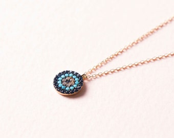 14K Solid Gold Evil Eye Necklace: Turquoise & CZ Protection