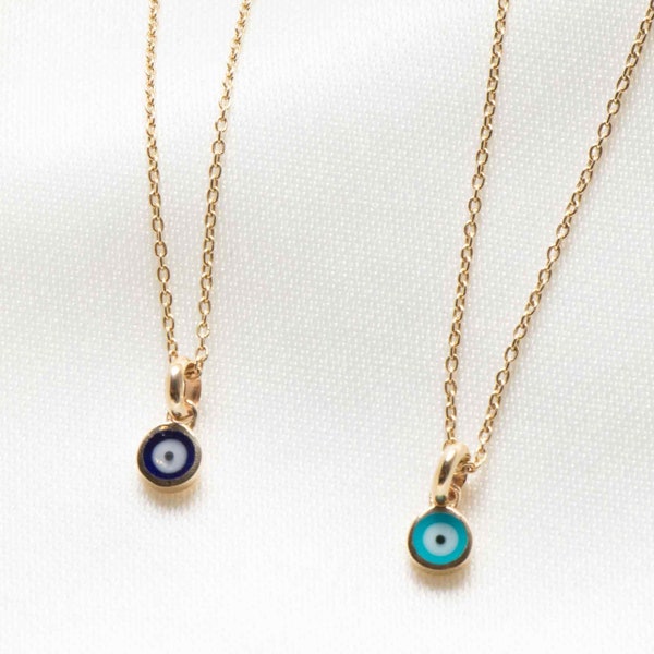 14k Solid Gold Minimalist Evil Eye Protection Charm Necklace - Tiny Pendant for Bridesmaids