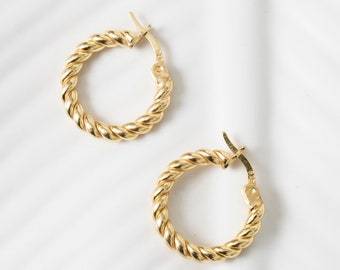 Gold Twisted Hoop Earrings, Huggie Earrings, Dainty Gold Earrings, 16 MM Hoop Earrings, Everyday Earrings