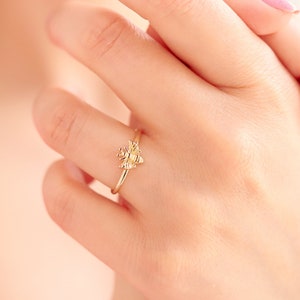 14K Gold Bee Ring, Delicate Gold Ring, Honey Bee Ring, Cute Ring, Gold Stackable Ring
