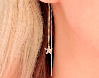 14K Gold Threader Earrings With Cuff, Star Earrings, Chain Earrings, Minimalist Ear Threader