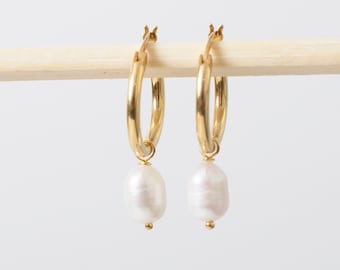 Pearl Hoop Earrings, Pearl Earrings, Bridesmaid Earrings, Dainty Gold Earrings, Huggie Hoop Earrings, Freshwater Pearl Earrings