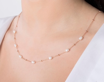 Elegant Freshwater Pearl Necklace: Gold Beaded Choker with Ball Chain - Perfect Bridesmaid Gift
