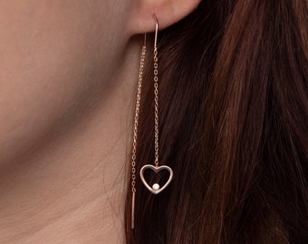Dainty Threader Earrings, Dangle Heart Earrings, Gold Chain Earrings, Gift For Her