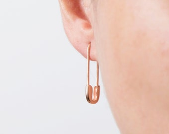 Safety Pin Earrings, Gold Safety Pin Hoop Earrings, Minimalist Rose Gold Earrings, Gold Vermeil Earrings, Padlock Earrings