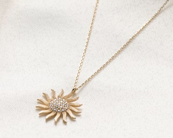14K Gold Sun Necklace, Solid Gold Sun Pendant, Sunshine Necklace, Real Gold Necklace, Dainty Necklace, Cute Necklace, Gift For Her