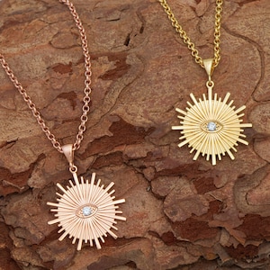 Gold Sunburst Necklace: Sterling Silver Evil Eye Medallion