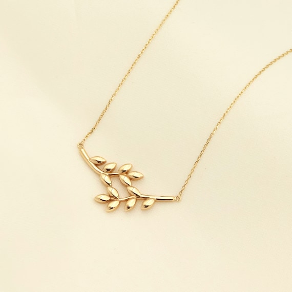 Delicate 14K Gold Olive Branch Pendant: Minimalist Nature-Inspired Leaf Necklace for Women