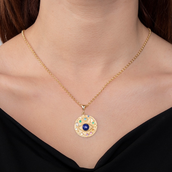Chunky Evil Eye Protection Charm Necklace - Vermeil Pendant Jewelry Gift for Her - Handmade Greek Kabbalah