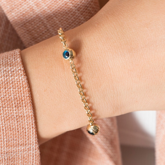 14K Gold Evil Eye Bracelet, Protection Bracelet, Solid Gold Evil Eye Bracelet, Real Gold Chain Bracelet, Eye Beaded Nazar Bracelet