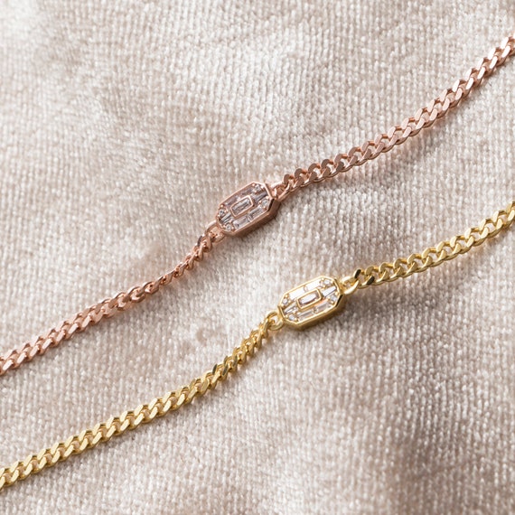 Elegant Baguette CZ Bracelet - Dainty Gold, Rose Gold, or Silver Chain for Bridal & Bridesmaid Gifts
