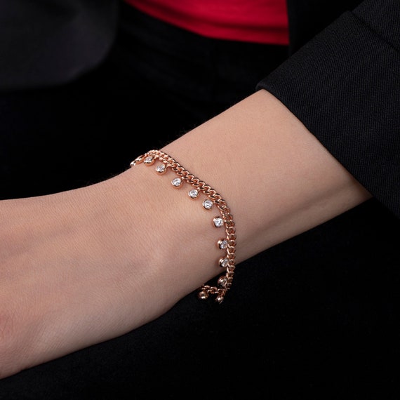 Cuban Chain Bracelet, Chain Bracelet, Cuban Chain Bracelet With CZ, Rose Gold Dainty Bracelet, Bridesmaid Bracelet