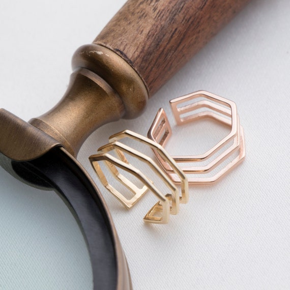 Elegant Hexagon Geometric Gold Ring - Adjustable Dainty Wrap Around Statement Jewelry
