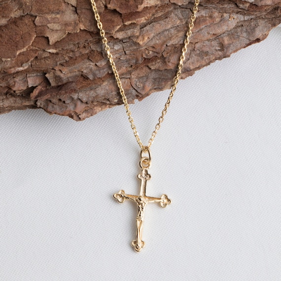 Gold Cross Necklace, Crucifix Necklace, Gold Jesus Necklace, Religious Pendant, Gift For Her