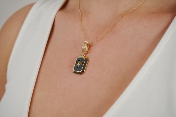 Elegant 14k Gold Compass Star Necklace with Black Enamel and CZ Bail - Dainty Minimalist Jewelry Gift