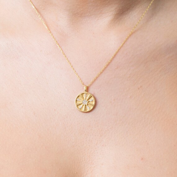 Delicate Celestial Rose Gold Necklace: Sun & Star Medallion Pendant - Dainty Everyday Jewelry Gift