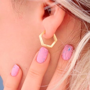 Dainty Gold Filled Hexagon Hoop Earrings: Sterling Silver Base